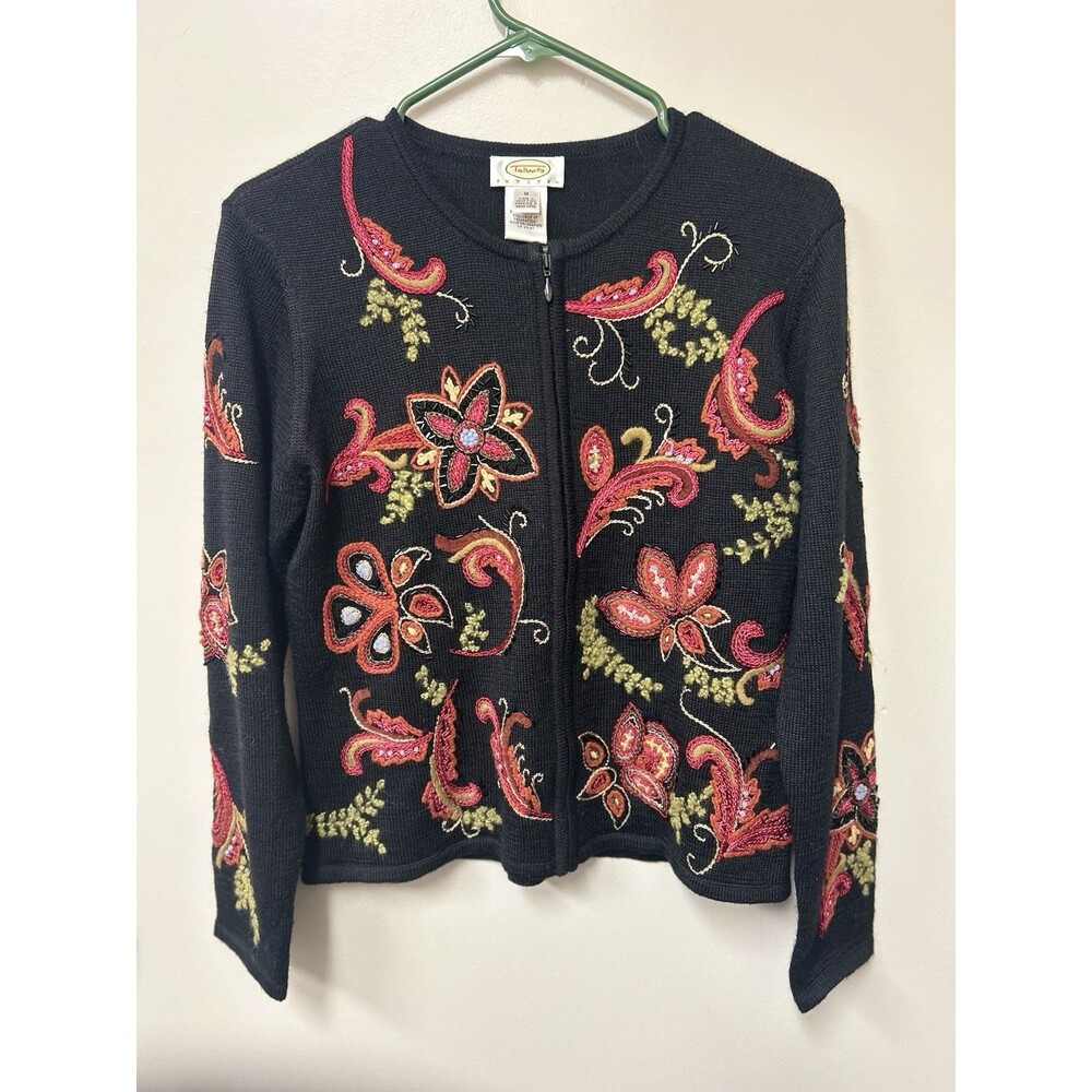 Vintage Talbots Med Black Wool Embroidered Red Flowers Floral Cardigan Sweater